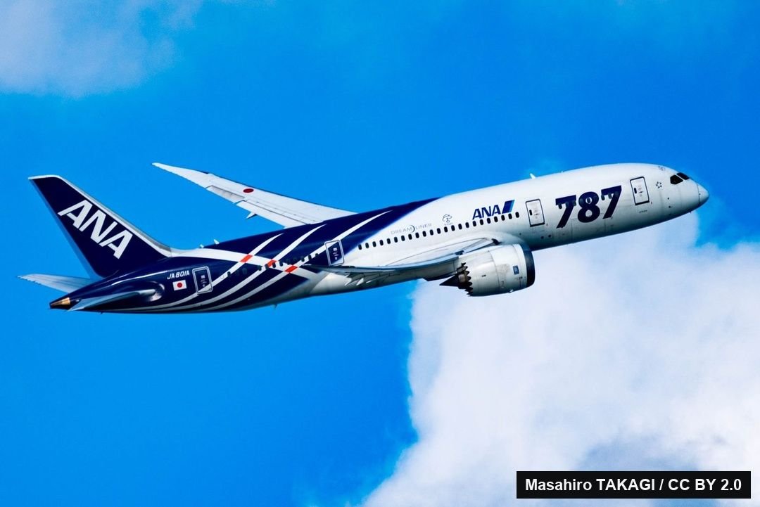The first delivered Boeing 787, JA801A, climbing away in ANA's special blue 787 livery against a blue sky.
