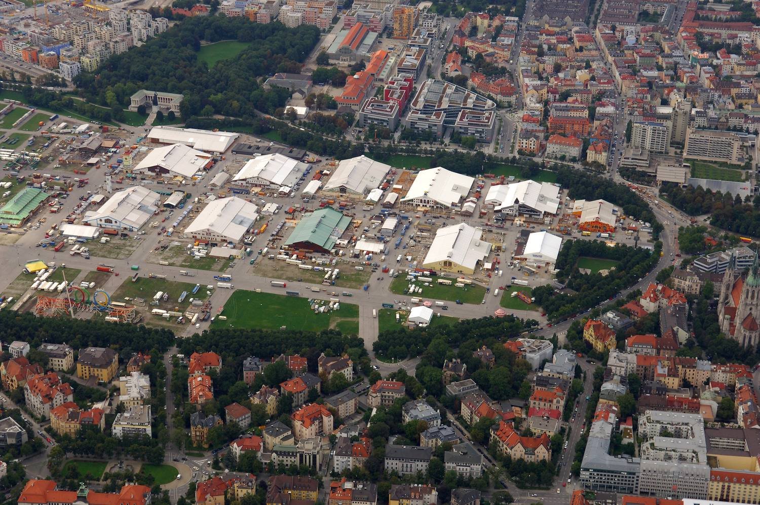 Aerial view of the Theresienwiese in Munich with the Oktoberfest tents laid out across the site.